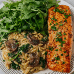 Garlic Butter Salmon with Mushroom & Spinach Orzo