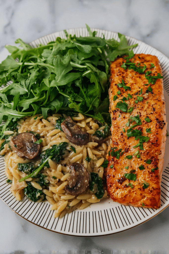 Garlic Butter Salmon with Mushroom & Spinach Orzo