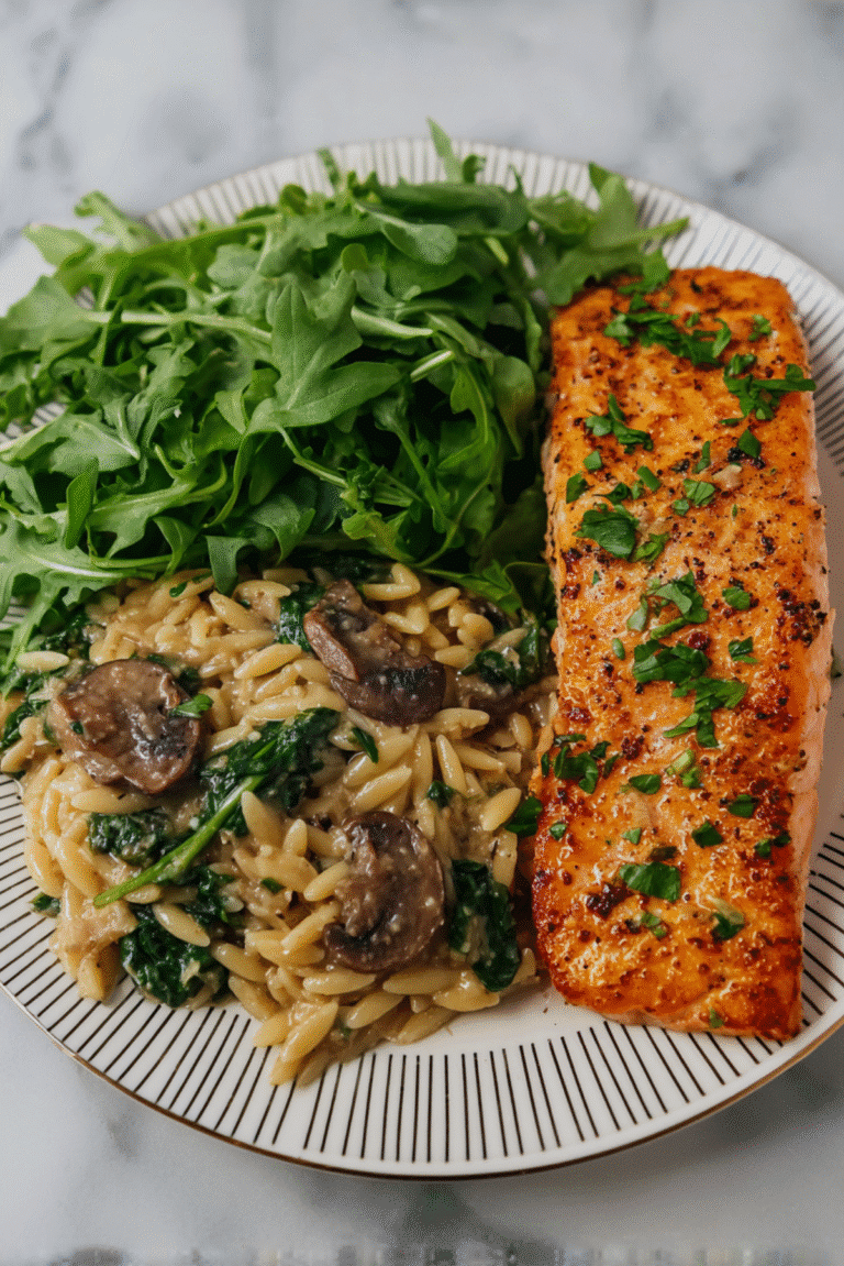 Garlic Butter Salmon with Mushroom & Spinach Orzo