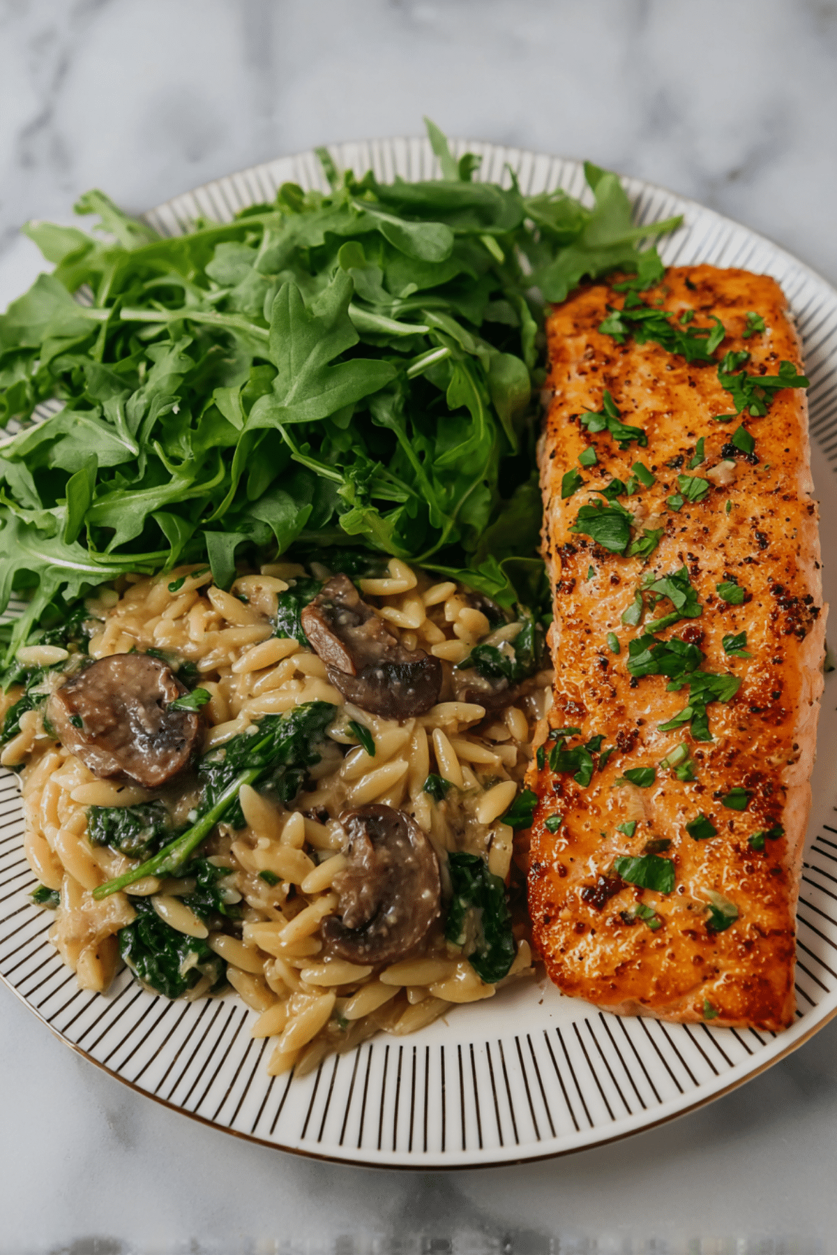 Garlic Butter Salmon with Mushroom & Spinach Orzo