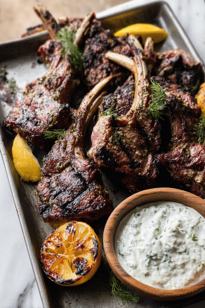 Garlic Herb Grilled Lamb Chops with Dill Yogurt Sauce
