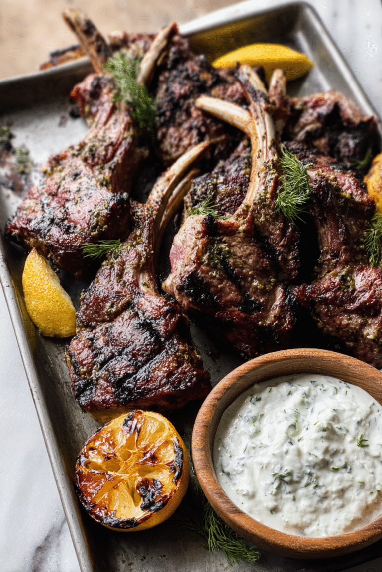 Garlic Herb Grilled Lamb Chops with Dill Yogurt Sauce