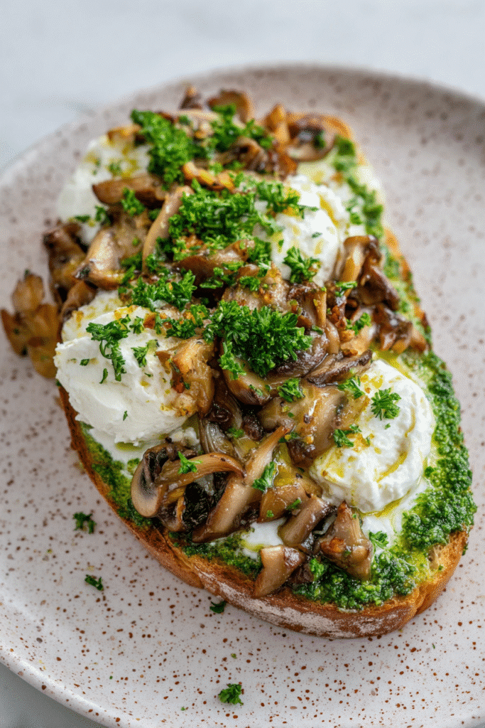 Pesto, Mushrooms & Burrata Toast