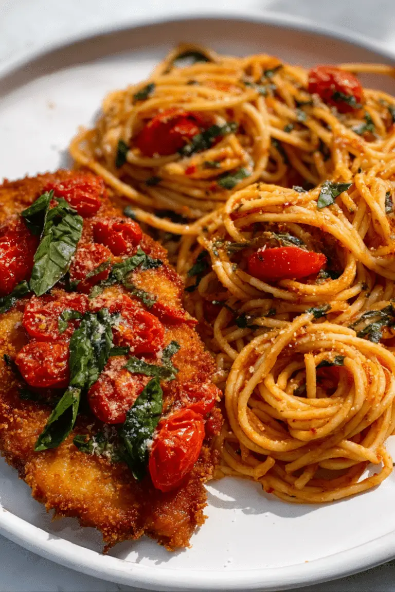 Cherry Tomato Spaghetti with Fried Chicken Cutlet