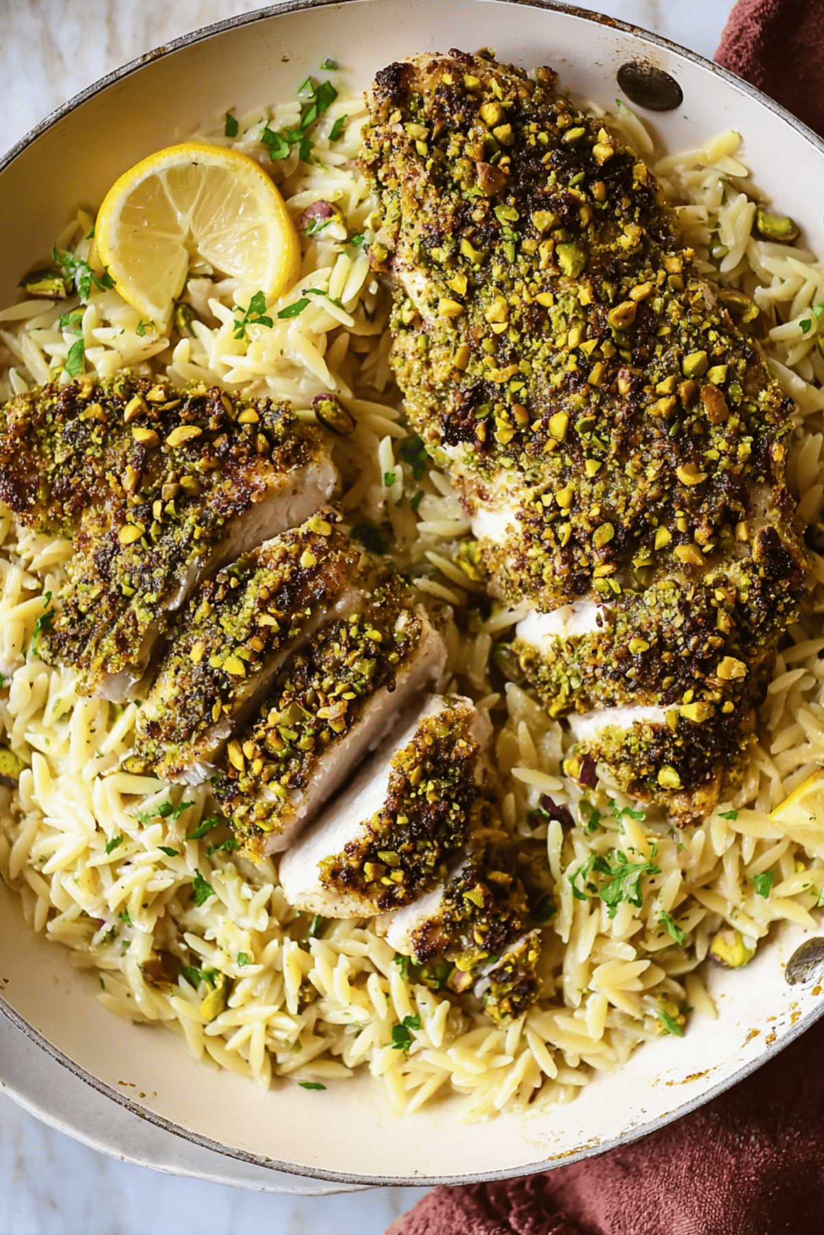 Pistachio Crusted Chicken with Lemon Orzo