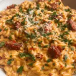 One pot Smokey Chorizo and Red pepper Pesto orzo