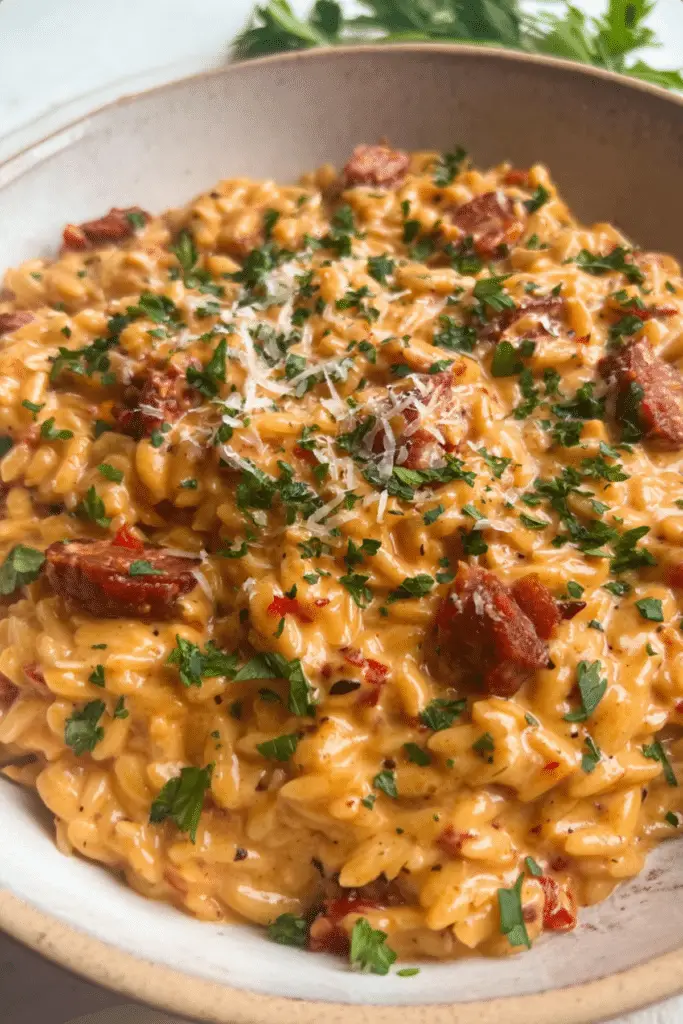 One pot Smokey Chorizo and Red pepper Pesto orzo