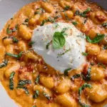 Creamy Tomato Sauce Gnocchi topped with burrata
