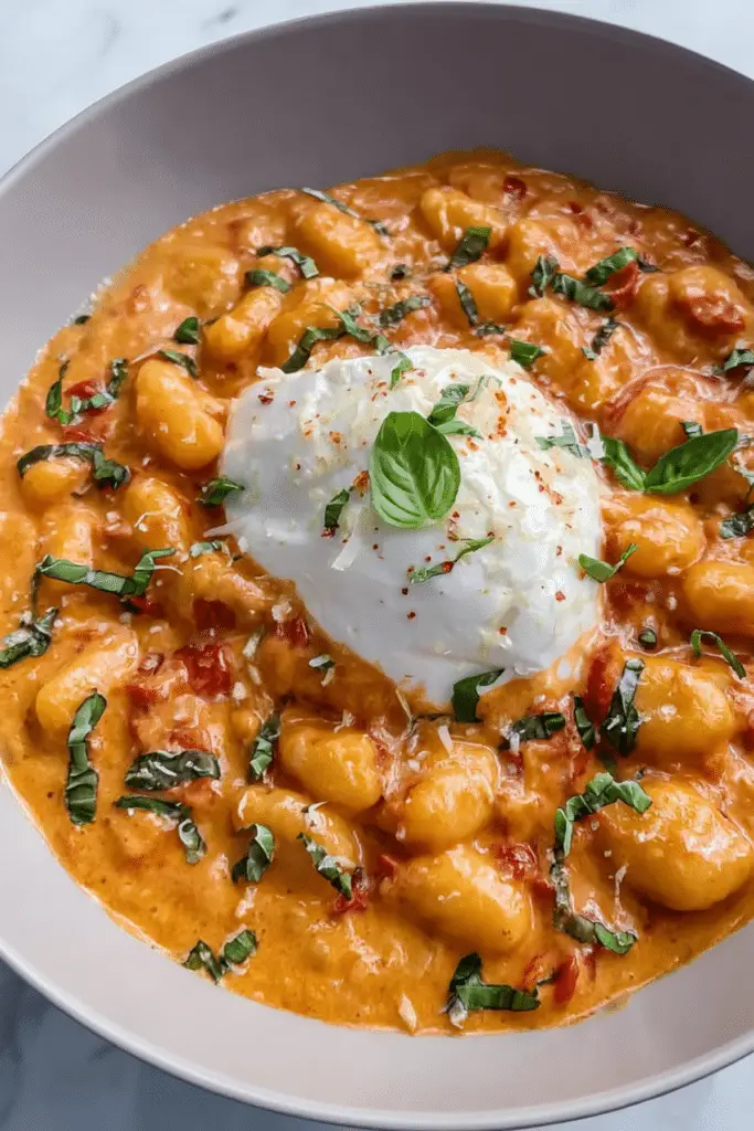 Creamy Tomato Sauce Gnocchi topped with burrata