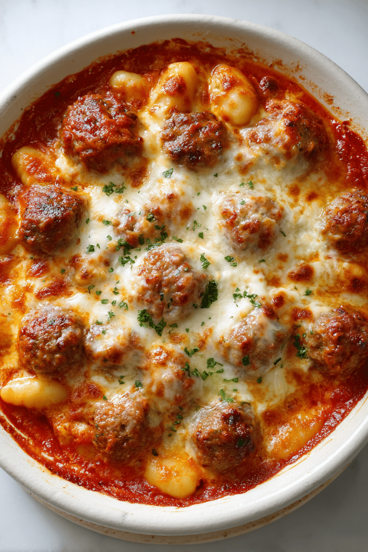 Creamy Tomato Sauce Gnocchi topped with burrata