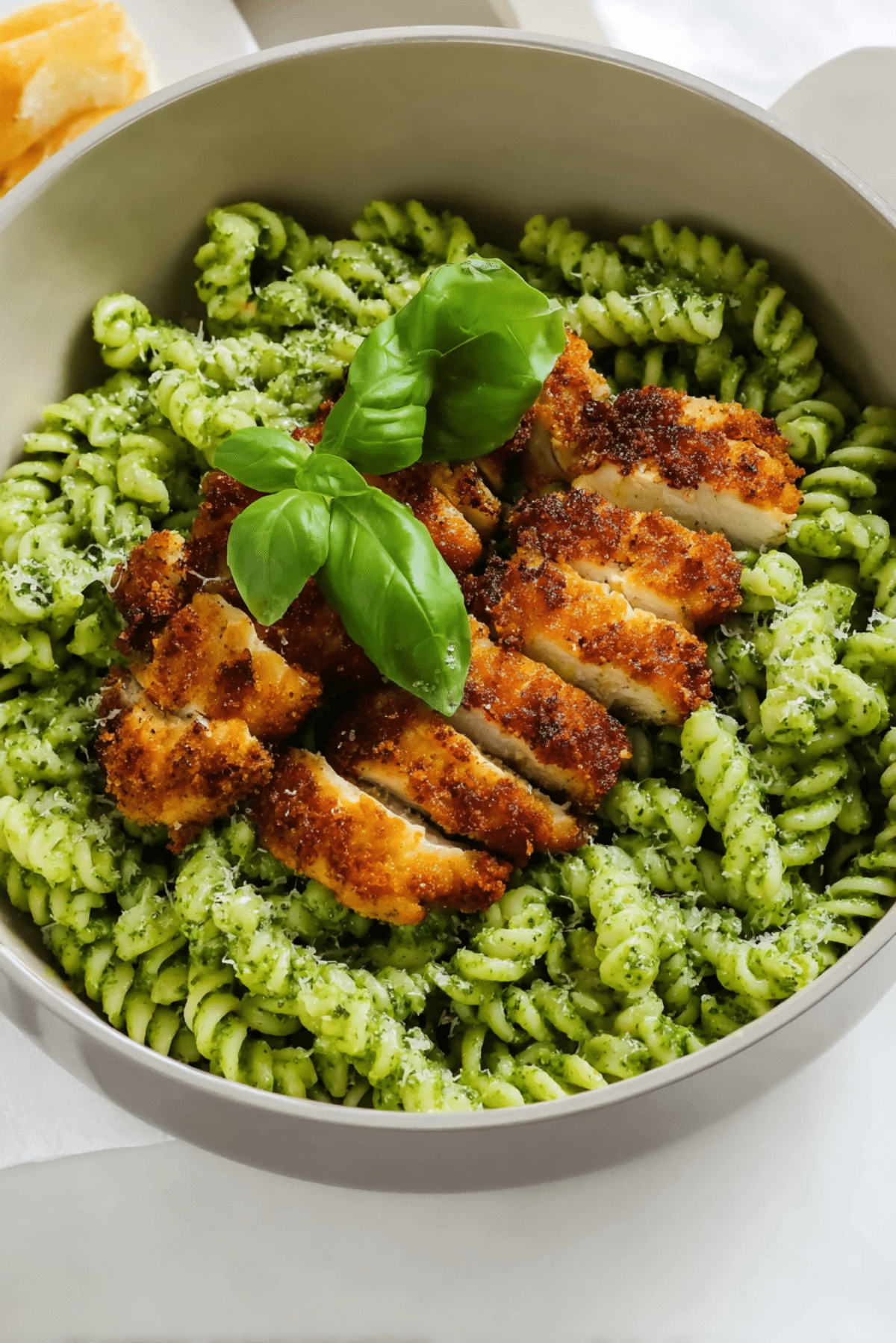 Pesto Pasta with Crispy Parmesan Chicken