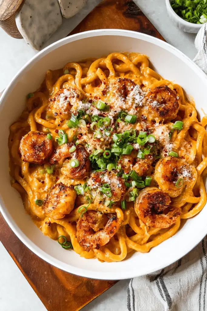 Spicy Gochujang Carbonara Udon with Shrimp