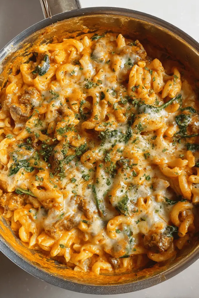 Creamy Sriracha Beef and Spinach Pasta