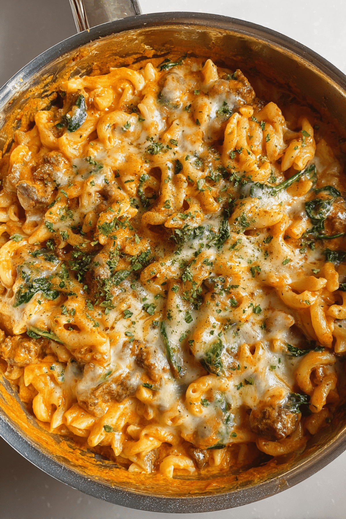 Creamy Sriracha Beef and Spinach Pasta
