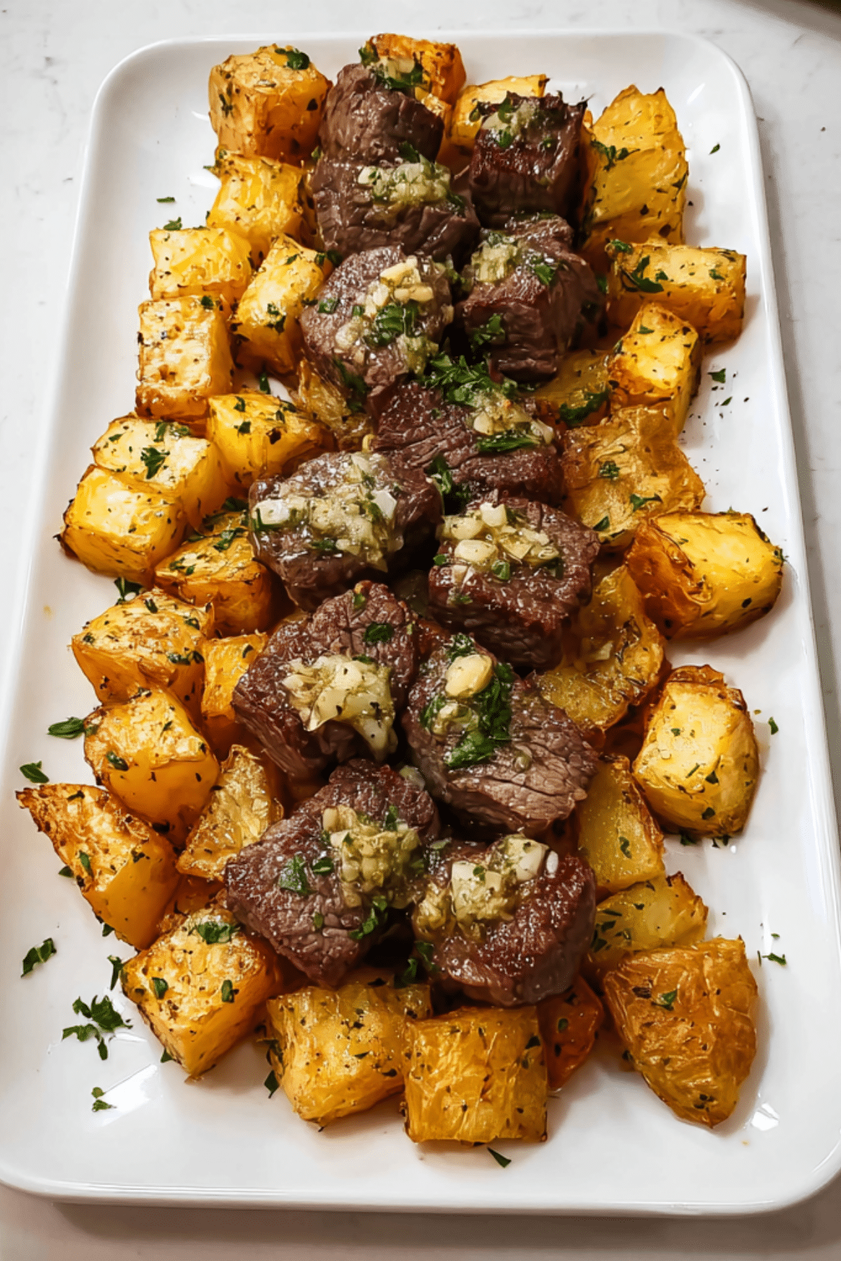 Air Fryer Garlic Butter Steak Bites and Potatoes