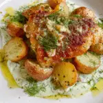 One-Pan Greek Parmesan Chicken & Potatoes with Roasted Garlic Tzaziki