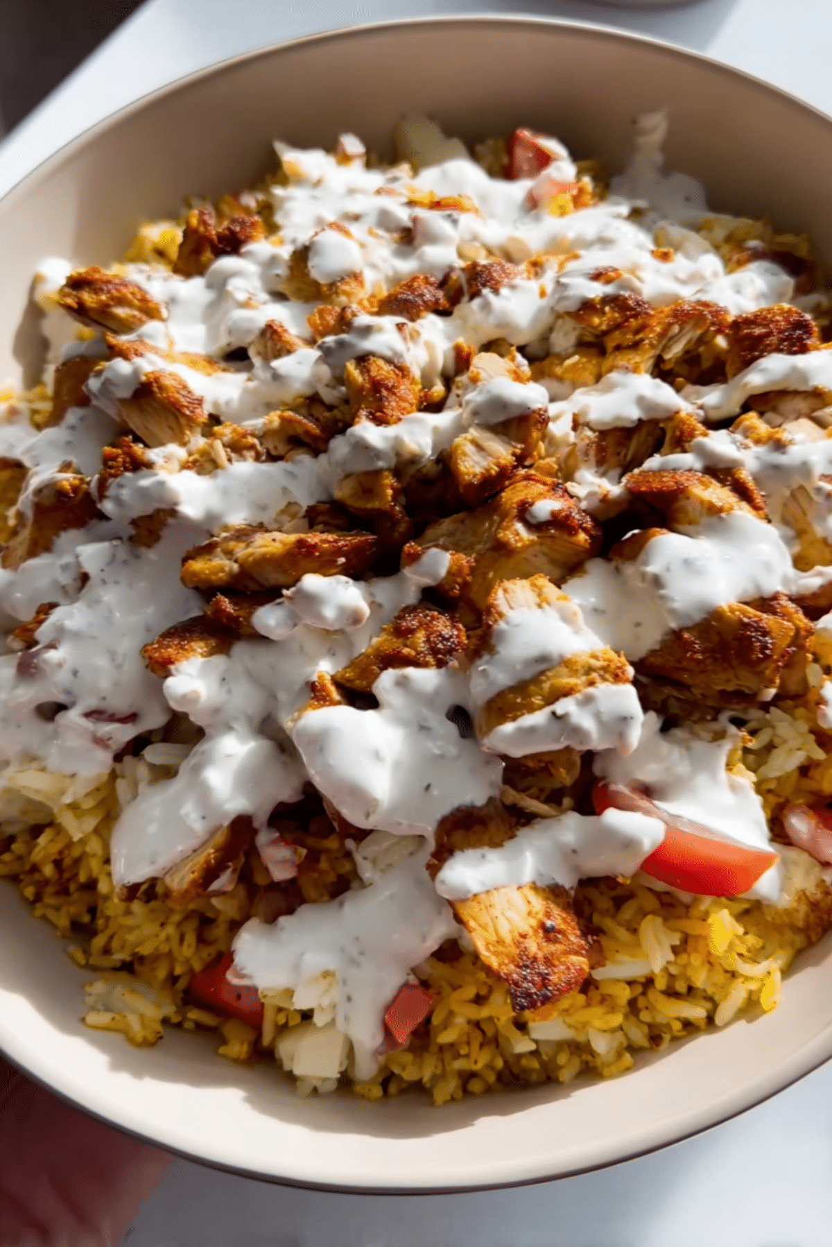 Chicken Shawarma Crispy Rice Salad with Creamy Tahini Lemon Dressing