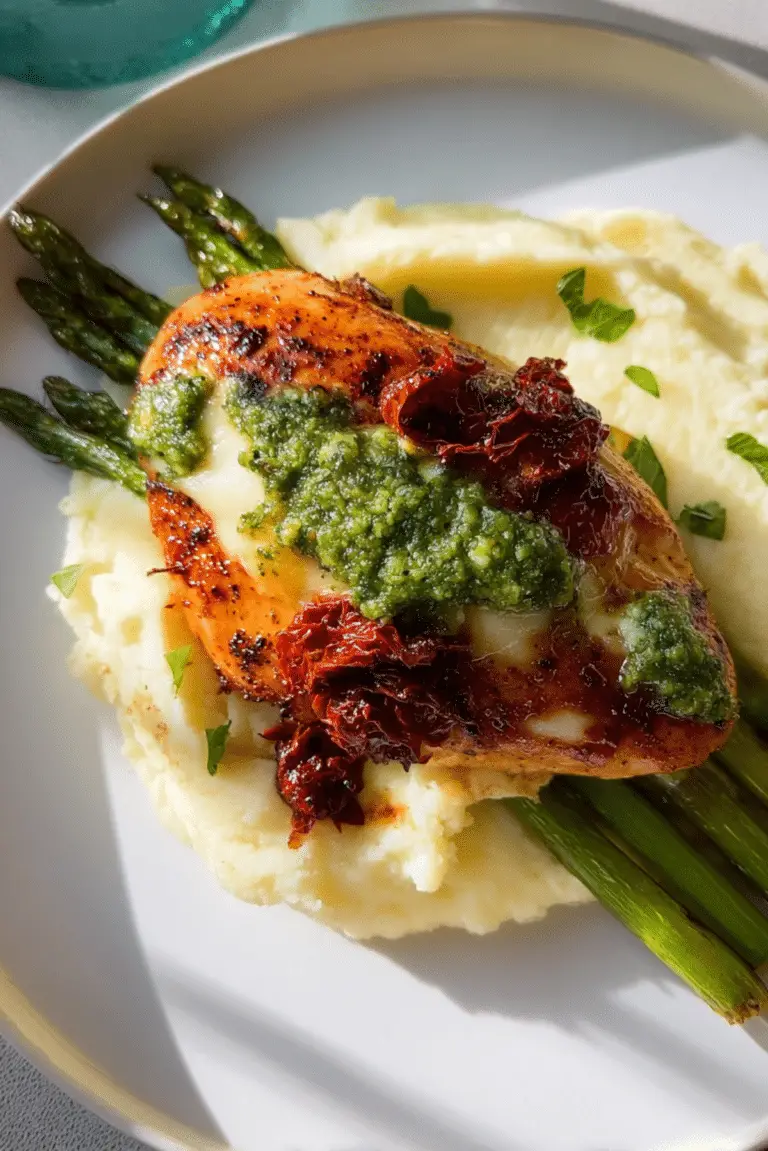 CHEESY ASPARAGUS STUFFED CHICKEN with SUN-DRIED TOMATOES & PESTO