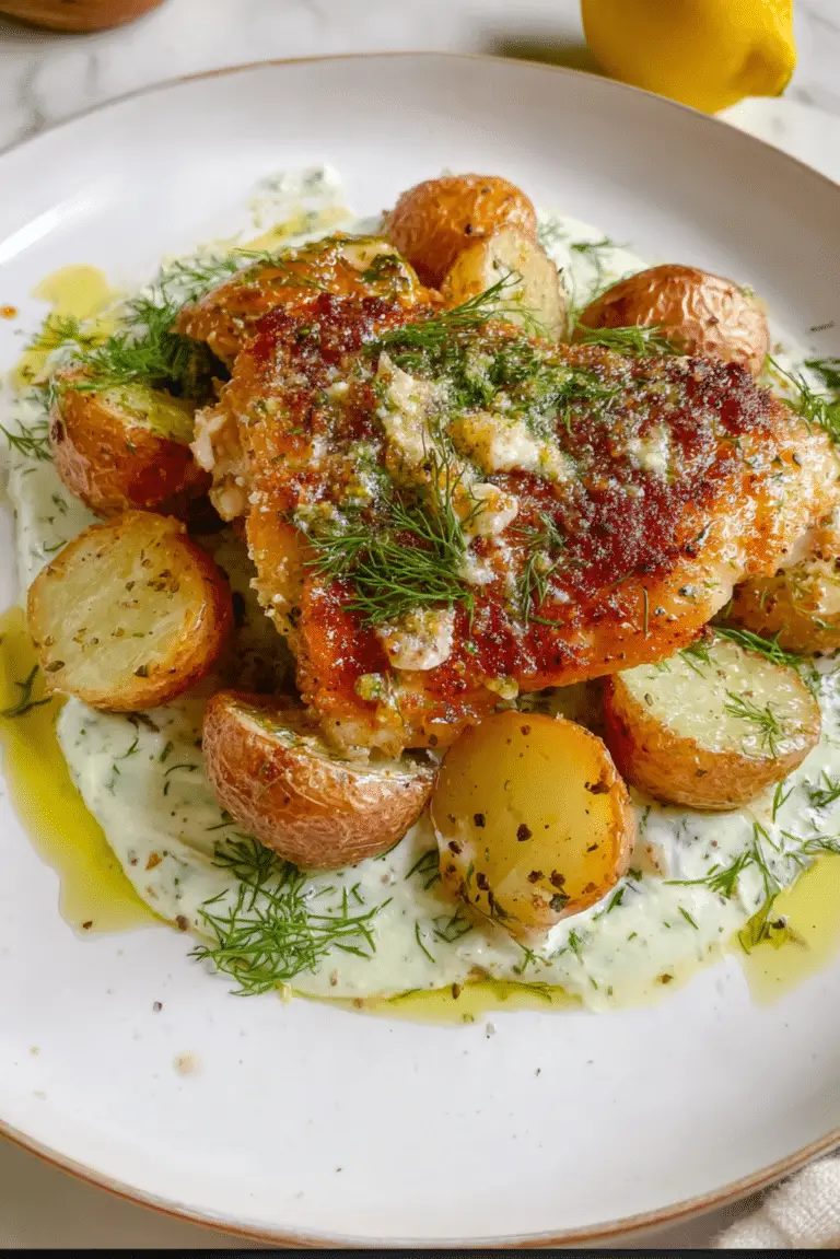 One-Pan Greek Parmesan Chicken & Potatoes with Roasted Garlic Tzaziki