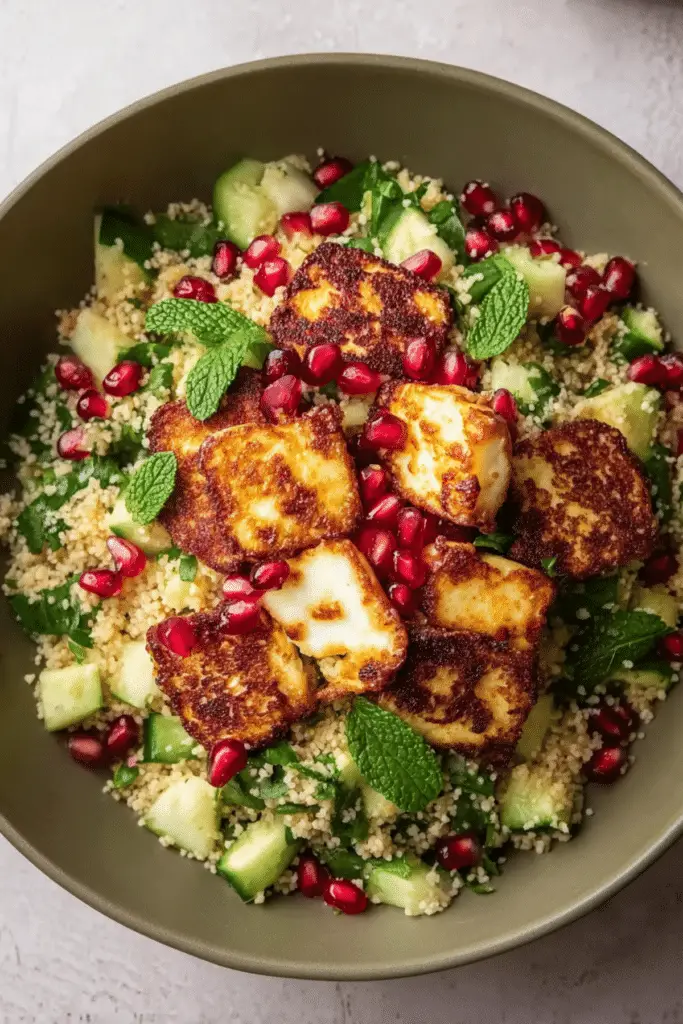 Halloumi & Pomegranate Couscous Salad with Mint-Lemon Dressing