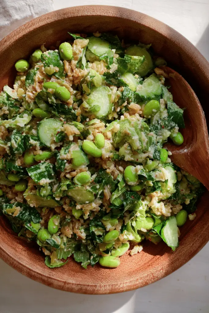 Crispy rice salad with edamame & creamy tahini ginger dressing