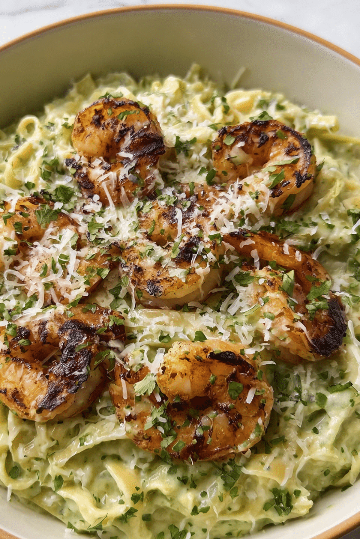Low Calorie Creamy Poblano Pasta with Shrimp