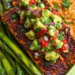 Cilantro Lime Salmon with Avocado Salsa, Spanish-style rice & Sautéed Asparagus