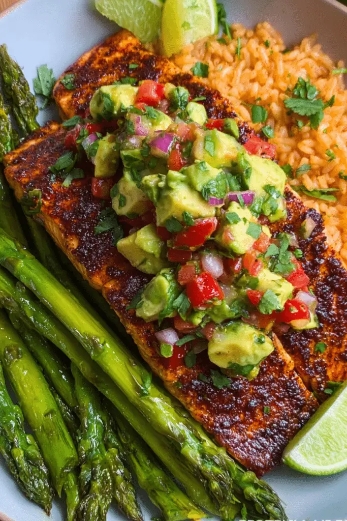 Cilantro Lime Salmon with Avocado Salsa, Spanish-style rice & Sautéed Asparagus