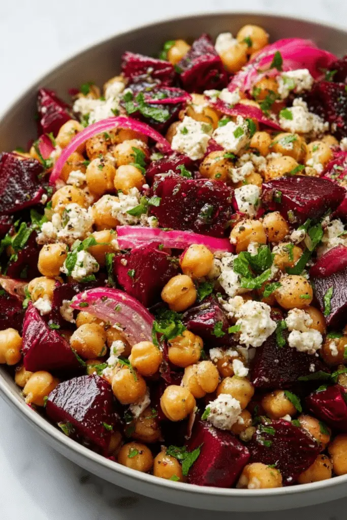 Chickpea, Beet & Feta Salad with Lemon-Garlic Vinaigrette Recipe