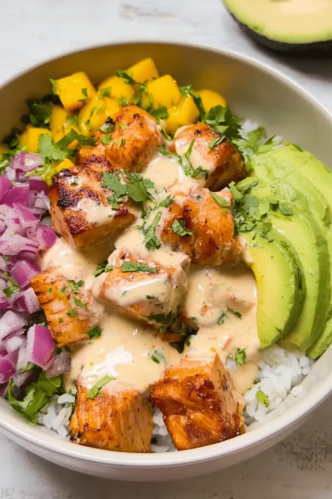 EASY Salmon Bowl with Coconut Rice & Mango Salsa