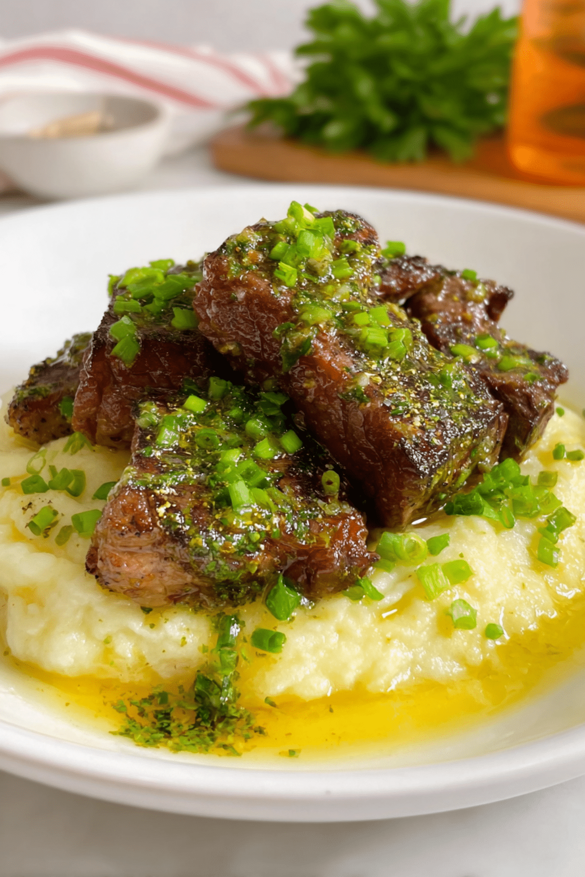 Cowboy Butter Steak Bites with Roasted Garlic Mashed Potatoes