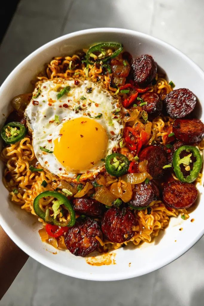 Spicy Jalapeno Sausage Ramen Bowl with Fried Egg